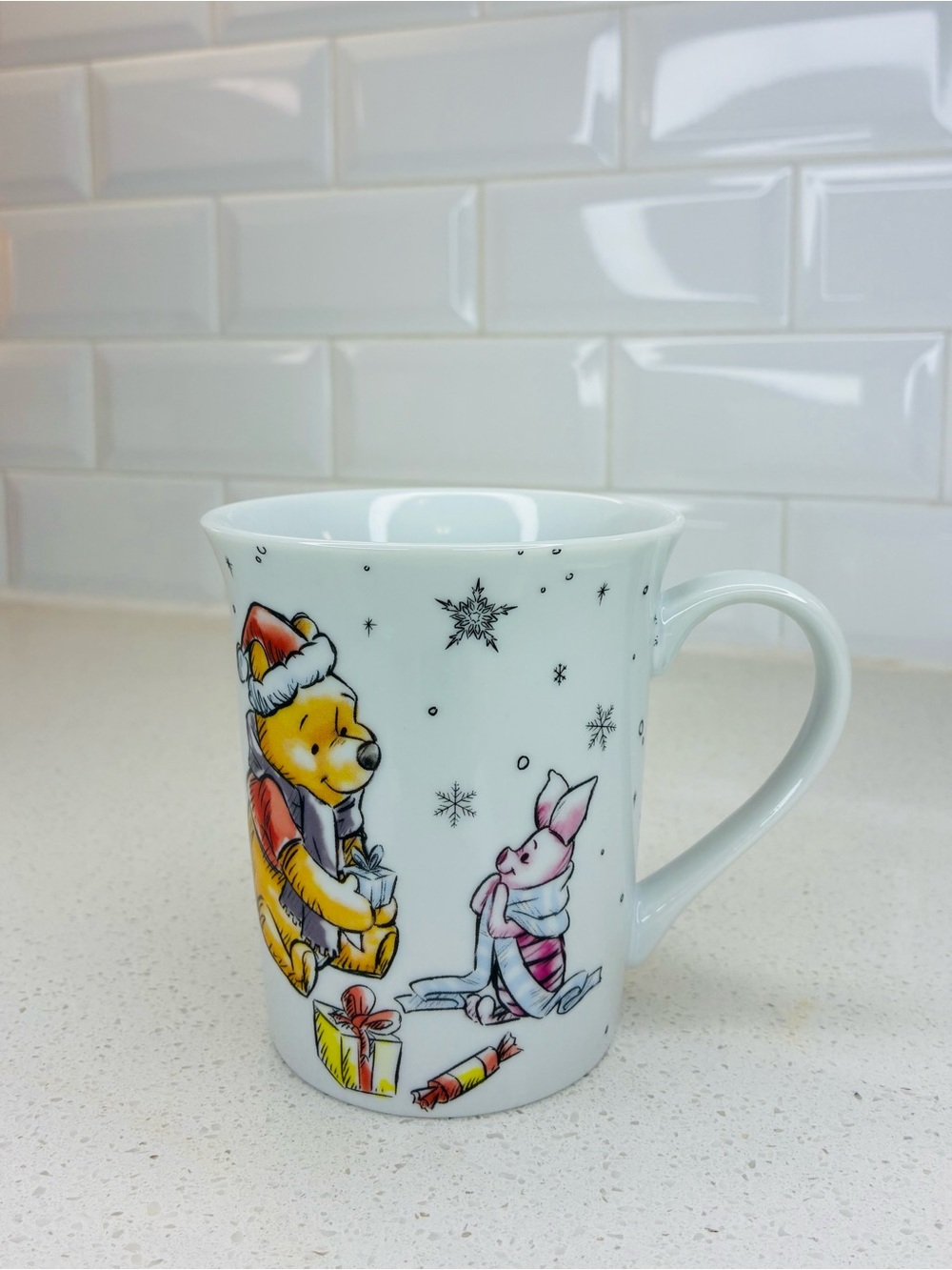 Disney Winnie the Pooh and Piglet Ceramic Christmas Mug with Holiday Snowflakes